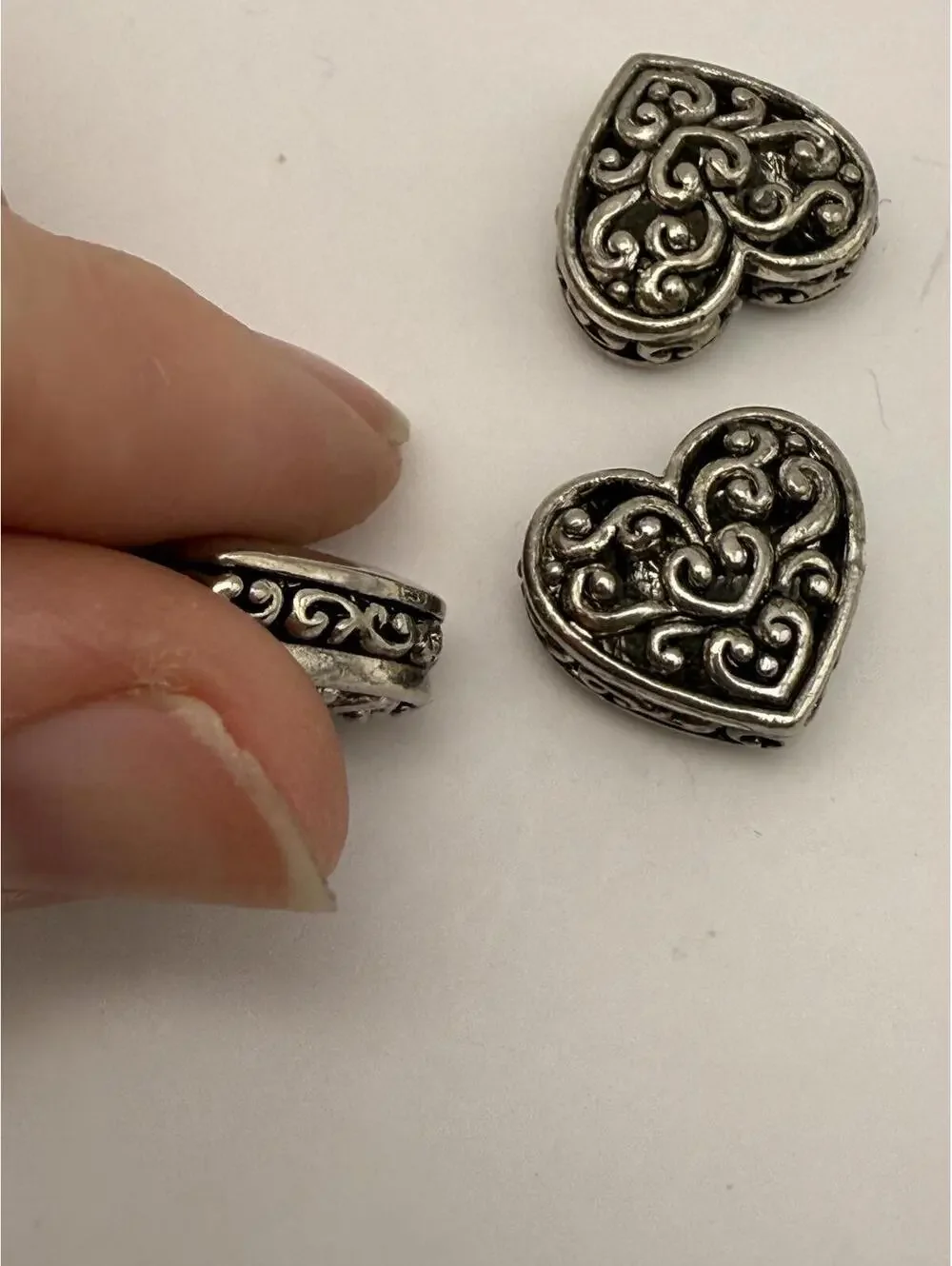 3 large Heart-Shaped Silver Beads